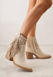 Beżowe Botki Kowbojki na Stożkowym Obcasie z Ażurowym Wzorem i Eathetina. Brązowe botki damskie Born2be, z jeansu, boho, bez obcasa, na obcasie, bez zapięcia. Za 159.99 zł.