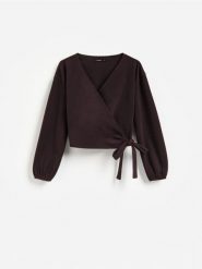 Bluza z wiązaniem - ciemnofioletowy. Fioletowe bluzy bez kaptura damskie Reserved, l, z dzianiny. Za 99.99 zł.
