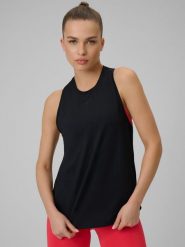 4F Top treningowy szybkoschnący damski - czarny L. Czarne topy damskie 4f, l, bez wzorów, z materiału, bez kołnierzyka. Za 79.99 zł.