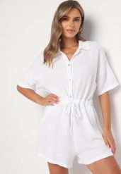 Biały Muślinowy Kombinezon z Bawełny Wiązany w Talii z Guzikami Dlirena. Białe kombinezony damskie Born2be, uniwersalny, bez wzorów, z bawełny, eleganckie, bez kołnierzyka, bez ramiączek, krótkie. Za 119.99 zł.