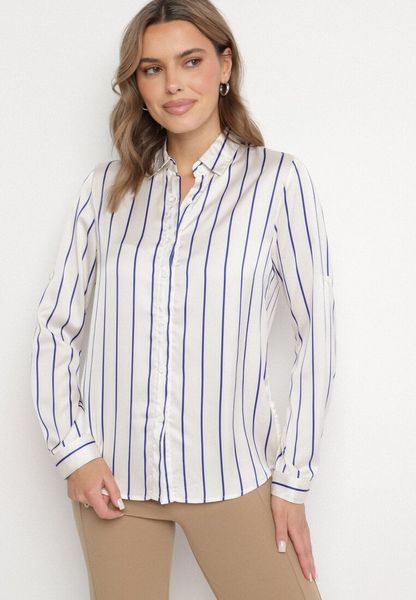 Biało-Niebieska Koszula w Delikatne Paski z Podpinanymi Rękawami Berraza. Białe koszule damskie Born2be, l, bez wzorów, z jeansu, eleganckie, bez kołnierzyka, bez ramiączek. Za 59.99 zł.