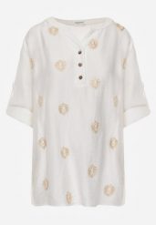Biała Wiskozowa Koszula Boho z Haftem i Podpinanymi Rękawami 3/4 Cheridenah. Białe koszule damskie Born2be, plus size, bez wzorów, z wiskozy, boho, bez kołnierzyka, plus size, bez ramiączek. Za 69.99 zł.