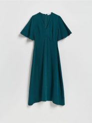 Sukienka z lyocellem - niebieski. Niebieskie sukienki damskie Reserved, l, bez wzorów, z lyocellu, bez kołnierzyka, bez ramiączek, midi, rozkloszowane. Za 199.99 zł.
