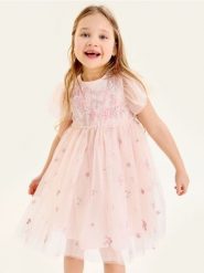 Tiulowa sukienka babydoll z motywem kwiatowym - różowy. Czerwone sukienki dziewczęce Sinsay, bez wzorów, z tiulu, bez ramiączek. Za 45.99 zł.