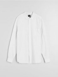 Bawełniana koszula z długim rękawem i kieszenią piersiową - biały. Białe koszule męskie Sinsay, l, bez wzorów, z bawełny, bez kołnierzyka, bez ramiączek. Za 59.99 zł.