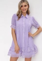Fioletowa Koszulowa Sukienka Mini z Koronką i Perłowymi Guzikami Isira. Fioletowe sukienki damskie Born2be, na imprezę, na lato, s, bez wzorów, z koronki, eleganckie, bez kołnierzyka, bez ramiączek, mini, koszulowe. W wyprzedaży za 135.99 zł.