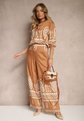 Brązowy Komplet z Wiskozą Koszula i Spodnie Zdobione Ornamentalnym Wzorem Gavris. Brązowe koszule damskie Renee, z aplikacjami, z materiału, eleganckie. Za 109.99 zł.