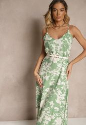 Zielono-Kremowa Sukienka z Wiskozą o Rozkloszowanym Kroju w Kwiaty Thirimi. Zielone sukienki damskie Renee, na co dzień, l, bez wzorów, z wiskozy, eleganckie, bez kołnierzyka, bez ramiączek, maxi, rozkloszowane. Za 69.99 zł.