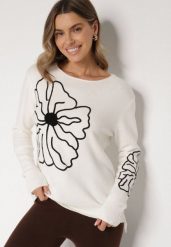 Biały Sweter Ozdobiony Haftowanymi Kwiatami Halatusea. Białe swetry klasyczne damskie Born2be, z jeansu, bez kołnierzyka. Za 69.99 zł.