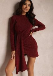 Bordowa Asymetryczna Sukienka Mini z Metaliczną Nitką i Szerokim Pasem Gongo. Czerwone sukienki damskie Renee, bez wzorów, z tkaniny, eleganckie, z asymetrycznym kołnierzem, bez ramiączek, mini, asymetryczne. Za 69.99 zł.