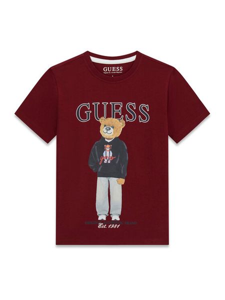Guess T-Shirt L6YI19 K3750 Bordowy Regular Fit. Czerwone t-shirty chłopięce Guess, z aplikacjami, z bawełny, bez ramiączek. Za 94.99 zł.