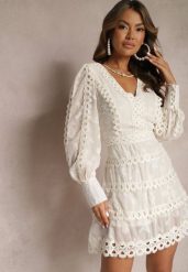 Jasnobeżowa Haftowana Sukienka Mini z Guzikami i Ażurowymi Wstawkami Albastra. Brązowe sukienki damskie Renee, m, w ażurowe wzory, boho, bez kołnierzyka, bez ramiączek, mini. W wyprzedaży za 160.99 zł.
