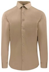 Delikatnie Wyszczuplana (Slim) Męska Koszula - Lanier - Jasny Brąz, Ciemny Beż. Koszule męskie Lanier, m, bez wzorów, z bawełny, bez kołnierzyka, bez ramiączek. Za 175.00 zł.