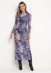 Granatowa Dopasowana Sukienka Maxi w Fantazyjny Print Sartine. Niebieskie sukienki damskie Born2be, l, z aplikacjami, bez kołnierzyka, bez ramiączek, maxi, dopasowane. Za 149.99 zł.