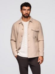 Męska kurtka koszulowa - beżowa V1 - Rozmiar: M. Brązowe kurtki męskie Ombre Clothing, m, bez wzorów, z poliesteru, klasyczne, bez kaptura. Za 339.99 zł.