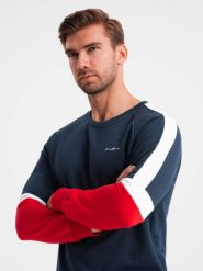 Trójkolorowa męska dresowa bluza z raglanowymi rękawami – granatowa V2 OM-SSNZ-22FW-003 - XXL. Niebieskie bluzy bez kaptura męskie Ombre Clothing, l, z bawełny. W wyprzedaży za 99.99 zł.