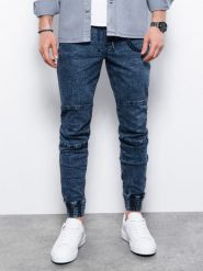 Spodnie męskie jeansowe joggery - niebieskie V3 - Rozmiar: XXL. Niebieskie spodnie materiałowe męskie Ombre Clothing, bez wzorów, z bawełny. W wyprzedaży za 69.99 zł.