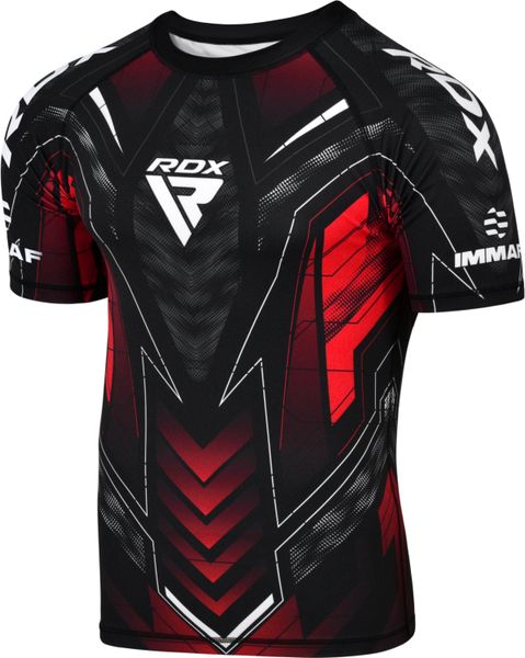 Koszulka kompresyjna z krótkim rękawem IMMAF Czerwona - XL. Czerwone bluzki sportowe damskie RDX SPORTS, l, z materiału, bez kołnierzyka, bez ramiączek. Za 199.99 zł.