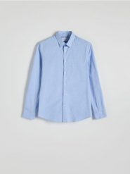 Koszula slim fit w drobną kratkę - jasnoniebieski. Niebieskie koszule męskie Reserved, l, bez wzorów, z bawełny, bez kołnierzyka, bez ramiączek. W wyprzedaży za 79.99 zł.