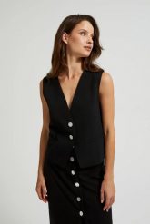 Elegancka kamizelka z ozdobnymi guzikami czarna. Czarne kamizelki damskie MOODO, l, z elastanu. W wyprzedaży za 59.99 zł.