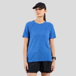 Koszulka damska Odlo T-shirt crew neck s/s ESSENTIAL SEAMLESS. Niebieskie bielizna termoaktywna damska Odlo, s, bez wzorów, z materiału. Za 219.99 zł.