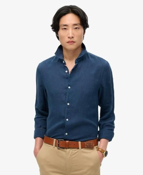 Superdry Koszula lniana Vacation z długim rękawem – NAVY. Niebieskie koszule damskie Superdry., na lato, xl, bez wzorów, ze lnu, klasyczne, bez kołnierzyka, bez ramiączek. Za 317.00 zł.