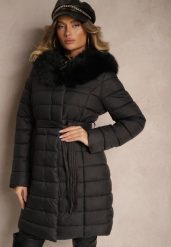 Czarna Kurtka Pikowana Wiązana w Talii z Futerkiem Odpinanym na Kapturze Firinka. Czarne kurtki damskie Renee, l, bez wzorów, z jeansu, bez kaptura. Za 259.99 zł.