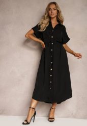 Czarna Sukienka Koszulowa z Materiałowym Paskiem Zapinana na Guziki Quintia. Czarne sukienki damskie Renee, na co dzień, m, bez wzorów, z materiału, eleganckie, bez kołnierzyka, bez ramiączek, midi, kopertowe. W wyprzedaży za 97.99 zł.