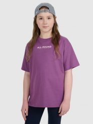 4F T-shirt oversize z nadrukiem dziewczęcy - fioletowy 146 (10-11 lat). Fioletowe koszulki dziewczęce 4f, m, bez wzorów, z bawełny, bez ramiączek. W wyprzedaży za 29.99 zł.