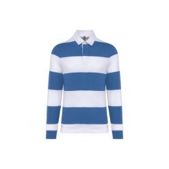 Koszulka polo w paski, długi rękaw Kariban. Niebieskie bluzki damskie KARIBAN, bez wzorów, bez kołnierzyka, bez ramiączek. Za 194.50 zł.