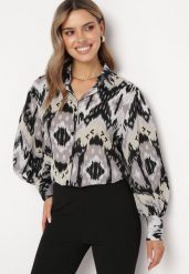 Beżowo-Czarna Koszula z Bufiastymi Rękawami w Etno Wzór Ithilwen. Brązowe koszule damskie Born2be, l, bez wzorów, etno, bez kołnierzyka, bez ramiączek. Za 89.99 zł.