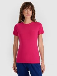 4F T-shirt slim gładki damski - różowy M. Czerwone t-shirty damskie 4f, m, bez wzorów, z bawełny, bez kołnierzyka. Za 39.99 zł.