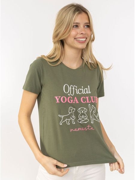 Zwillingsherz Koszulka "Yoga Club" w kolorze khaki rozmiar: M. Brązowe bluzki damskie Zwillingsherz, m, bez wzorów, z bawełny, bez kołnierzyka, bez ramiączek. Za 105.14 zł.