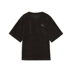 Damska koszulka Essentials Elevated Velour Rib o luźnym kroju PUMA Black. Czarne bluzki damskie Puma, bez wzorów, bez ramiączek. Za 129.00 zł.