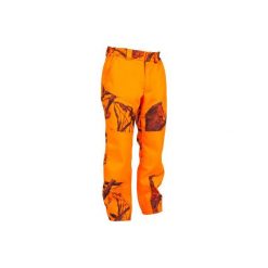 Spodnie myśliwskie Supertrack 300 camo fluo. Brązowe spodnie materiałowe męskie SOLOGNAC, z bawełny. W wyprzedaży za 149.99 zł.