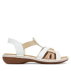 Sandały Rieker. Białe sandały damskie Rieker, bez wzorów, bez obcasa, na płaskiej podeszwie. Za 289.99 zł.