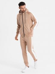 Dresowy komplet męski rozpinana bluza z kapturem + spodnie joggery - beżowy V4. Brązowe bluzy z kapturem męskie Ombre Clothing, z aplikacjami, z dresówki, sportowe. Za 379.99 zł.