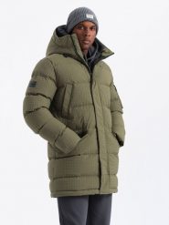 Outdoorowa długa męska kurtka parka – oliwkowa V4 OM-JALJ-0201 - XXL. Zielone kurtki męskie Ombre Clothing, l, z aplikacjami, z gumy. W wyprzedaży za 249.99 zł.