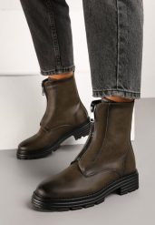 Brązowo-Zielone Botki na Suwak Jeustene. Brązowe botki damskie Born2be, klasyczne, bez obcasa, na płaskiej podeszwie, bez zapięcia. Za 139.99 zł.