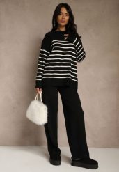 Czarny Komplet z Bawełną i Wełną Spodnie o Szerokim Kroju i Sweter w Paski Reimeia. Czarne spodnie materiałowe damskie Renee, l, z bawełny, bez kołnierzyka. Za 129.99 zł.