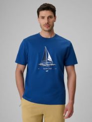 4F T-shirt relaxed z nadrukiem męski - niebieski M. Niebieskie t-shirty męskie 4f, m, bez wzorów, z bawełny, bez kołnierzyka. Za 69.99 zł.