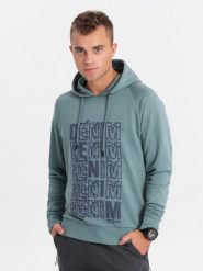Bluza męska kangurka nierozpinana z kapturem i nadrukiem - turkusowa V2 OM-SSPS-0158 - XXL. Niebieskie bluzy z kapturem męskie Ombre Clothing, l, z bawełny. W wyprzedaży za 49.99 zł.