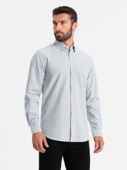 Elegancka koszula męska oxford z haftem – jasnoszara V2 OM-SHOS-0172 - XXL. Szare koszule męskie Ombre Clothing, l, z aplikacjami, z bawełny, bez kołnierzyka, bez ramiączek. W wyprzedaży za 109.99 zł.