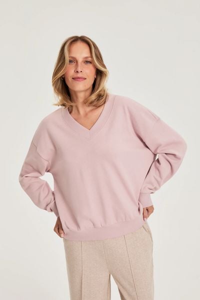 Bluza z dekoltem w serek różowa. Czerwone bluzy bez kaptura damskie MOODO, l, z bawełny. Za 89.99 zł.