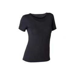 Koszulka krótki rękaw Gym & Pilates 520 z tiulem damska czarna. Czarne bluzki sportowe damskie DOMYOS, xs, z bawełny, bez kołnierzyka, bez ramiączek. Za 54.99 zł.