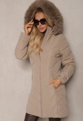 Ciemnobeżowa Długa Kurtka z Pikowanym Wzorem i Odpinanym Futerkiem Raishae. Brązowe kurtki damskie Renee, m, bez wzorów, bez kaptura. Za 229.99 zł.