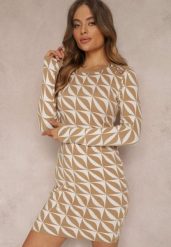 Biało-Beżowa Sukienka Dzianinowa w Geometryczny Wzór Chlaria. Brązowe sukienki damskie Renee, m, bez wzorów, z dzianiny, eleganckie, bez kołnierzyka, bez ramiączek, mini, dopasowane. W wyprzedaży za 83.99 zł.