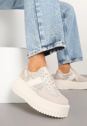Beżowe Sneakersy Typu Tenisówki na Żłobionej Platformie Ozdobione Wężowym Motywem Lorreia. Brązowe trampki i tenisówki damskie Renee, bez wzorów, z jeansu. Za 89.99 zł.