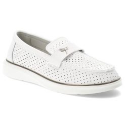 Mokasyny damskie Vinceza, cholewka ze skóry naturalnej licowej z perforacją wsuwany fason z ozdobnym paskiem zabudowany przód na lekkiej podeszwie, b. Białe mokasyny damskie VINCEZA, ze skóry. Za 159.00 zł.