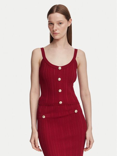 Guess Top W6YR25 Z0972 Bordowy Slim Fit. Czerwone topy damskie Guess, l, z aplikacjami, z syntetyku, bez kołnierzyka. Za 294.99 zł.